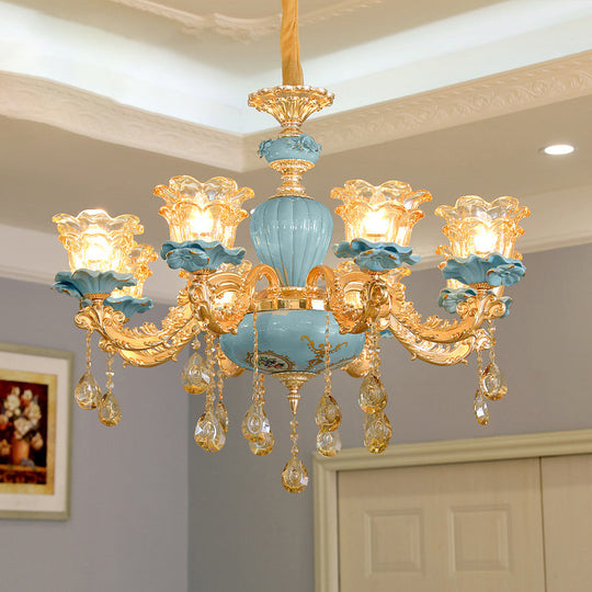 Blue Handblown Glass Chandelier: Classic Floral Pendant With Crystal Accent- Elegant Lighting 8 /