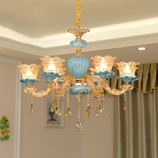 Blue Handblown Glass Chandelier: Classic Floral Pendant With Crystal Accent- Elegant Lighting