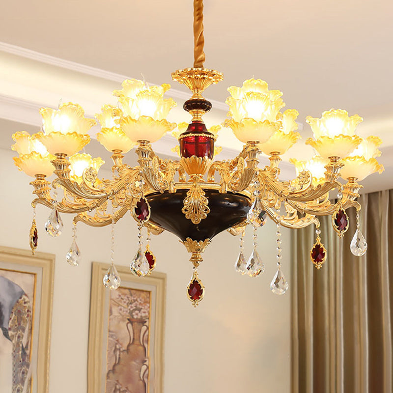 Ruffled Floral Ceiling Glass Chandelier With Crystal Accent - Traditional Lighting Fixture Burgundy