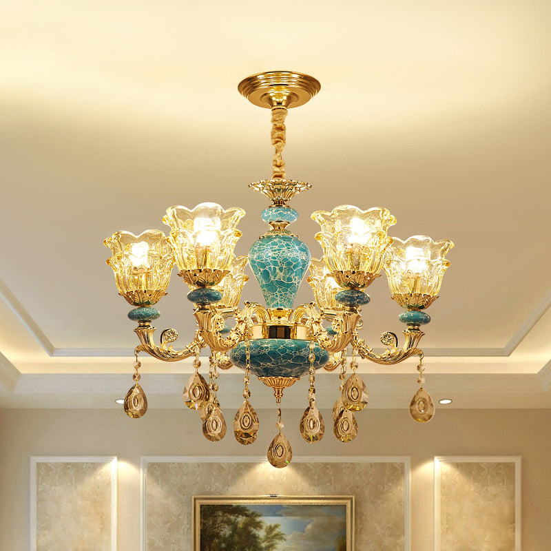 Vintage Glass Chandelier Pendant Light With Flared Ruffle Design And Hanging Crystal In Gold -
