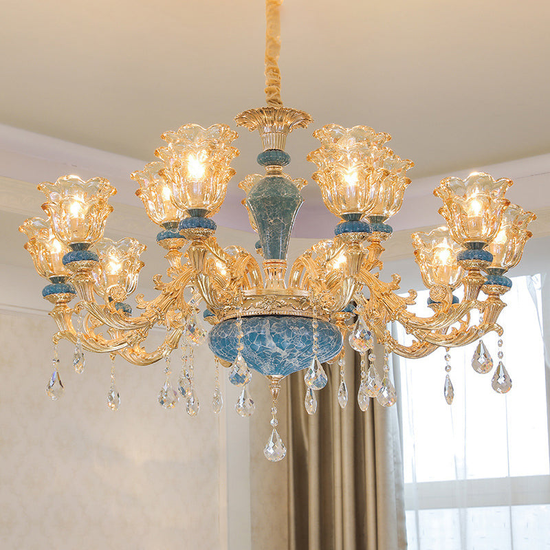 Ruffled Edge Gold Pendant Light With Crystal Draping - Retro Handblown Glass Chandelier For Living