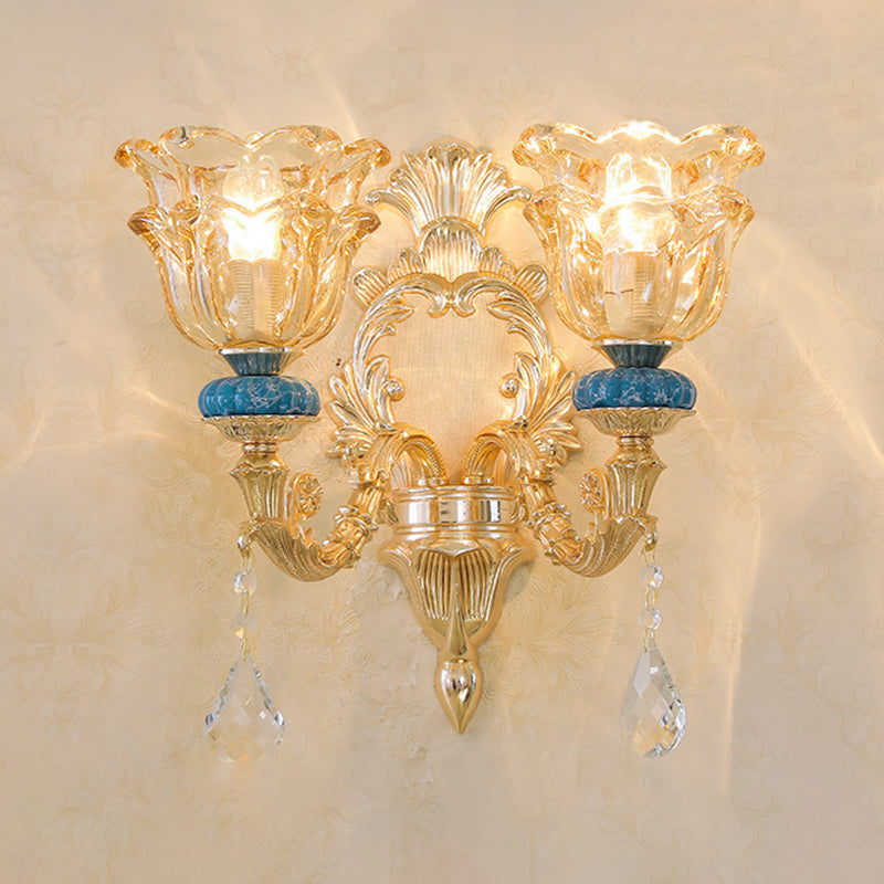 Ruffled Edge Gold Pendant Light With Crystal Draping - Retro Handblown Glass Chandelier For Living