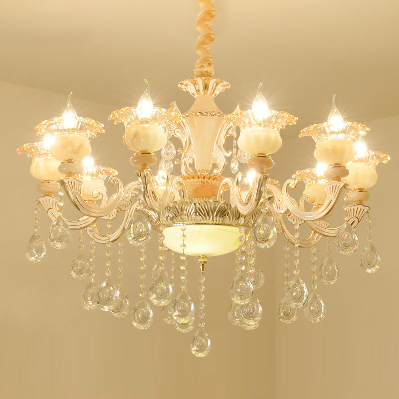 Elegant Gold Floral Ruffle Ceiling Lighting: Traditional Jade Chandelier With Crystal Draping For
