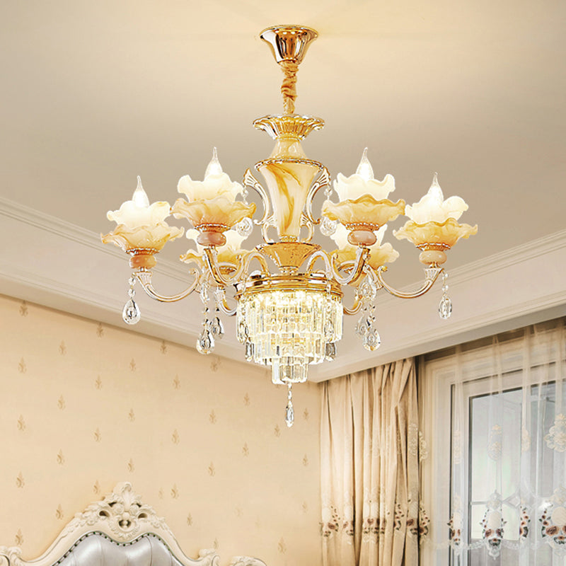 Elegant Gold Floral Ruffle Ceiling Lighting: Traditional Jade Chandelier With Crystal Draping For
