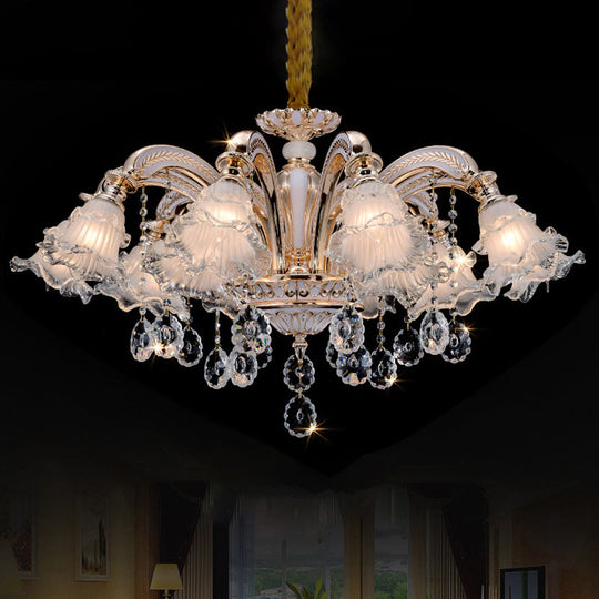 Vintage Floral Chandelier Pendant With Ribbed Ruffle Glass And Crystal Accent