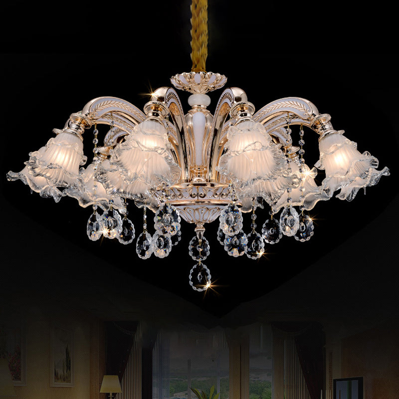 Vintage Floral Chandelier Pendant With Ribbed Ruffle Glass And Crystal Accent 15 / White-Gold