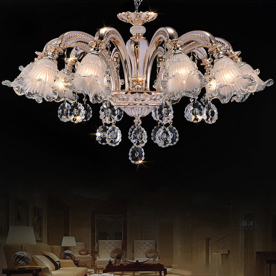 Vintage Floral Chandelier Pendant With Ribbed Ruffle Glass And Crystal Accent 10 / White-Gold