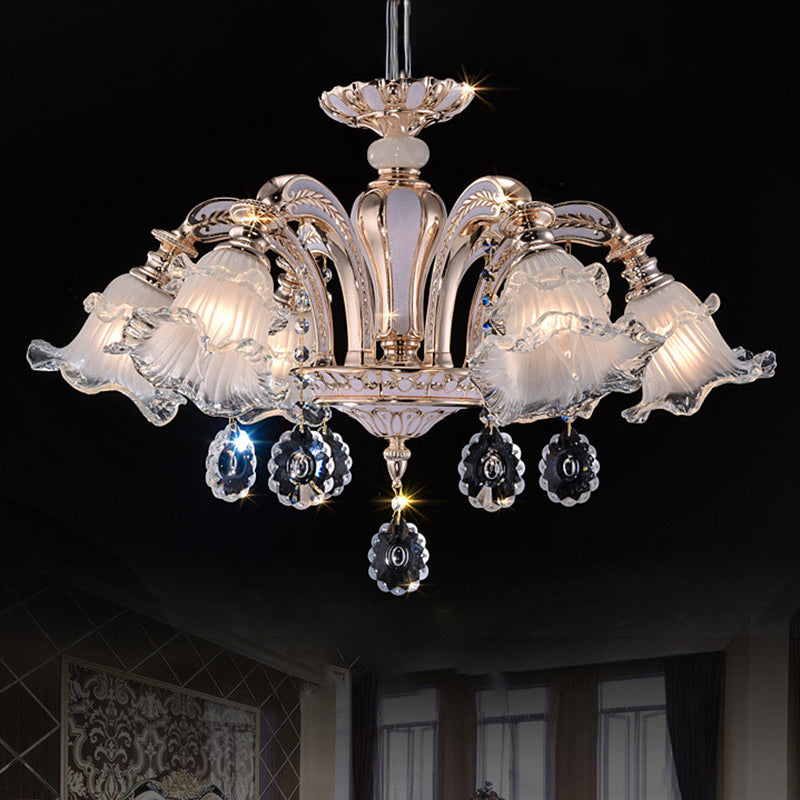 Vintage Floral Chandelier Pendant With Ribbed Ruffle Glass And Crystal Accent 6 / White-Gold