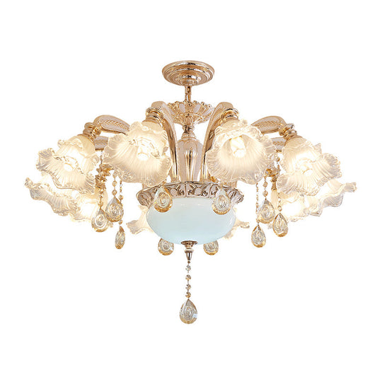 Vintage Floral Chandelier Pendant With Ribbed Ruffle Glass And Crystal Accent