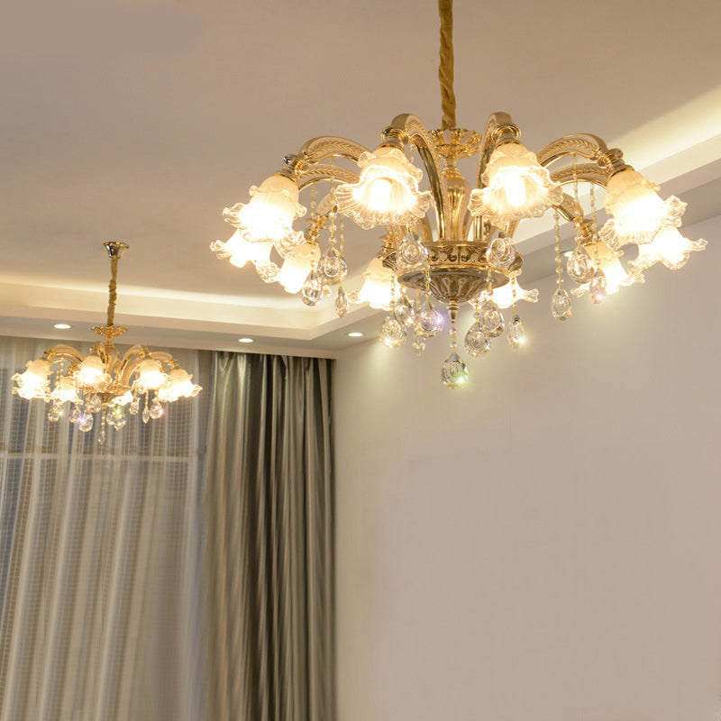Retro Ruffled Bell Glass Chandelier With Hanging Crystal In Gold