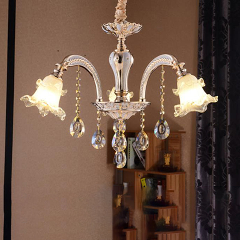 Ribbed Glass Ruffled Flower Chandelier With Crystal Draping - Retro Gold Suspension Light For Living