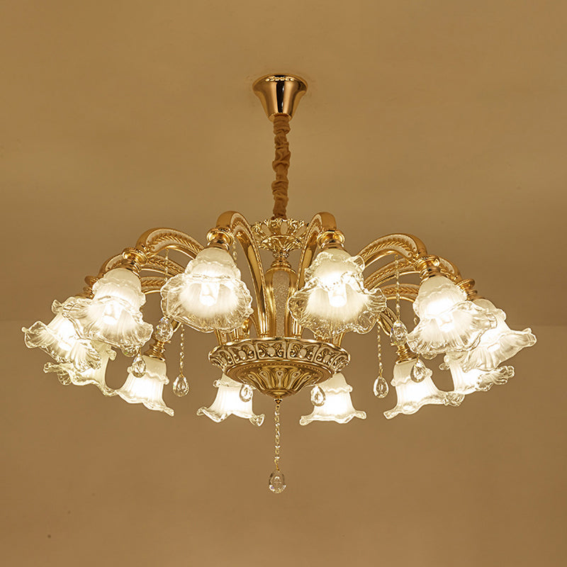 Gold Flared Chandelier With Crystal Accents - Classic Ruffle Glass Pendant Light For Living Room