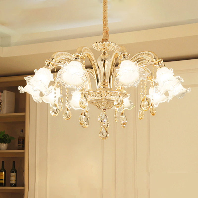 Gold Flared Chandelier With Crystal Accents - Classic Ruffle Glass Pendant Light For Living Room 10