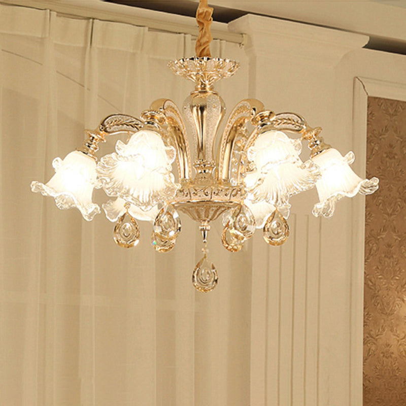 Gold Flared Chandelier With Crystal Accents - Classic Ruffle Glass Pendant Light For Living Room 6 /
