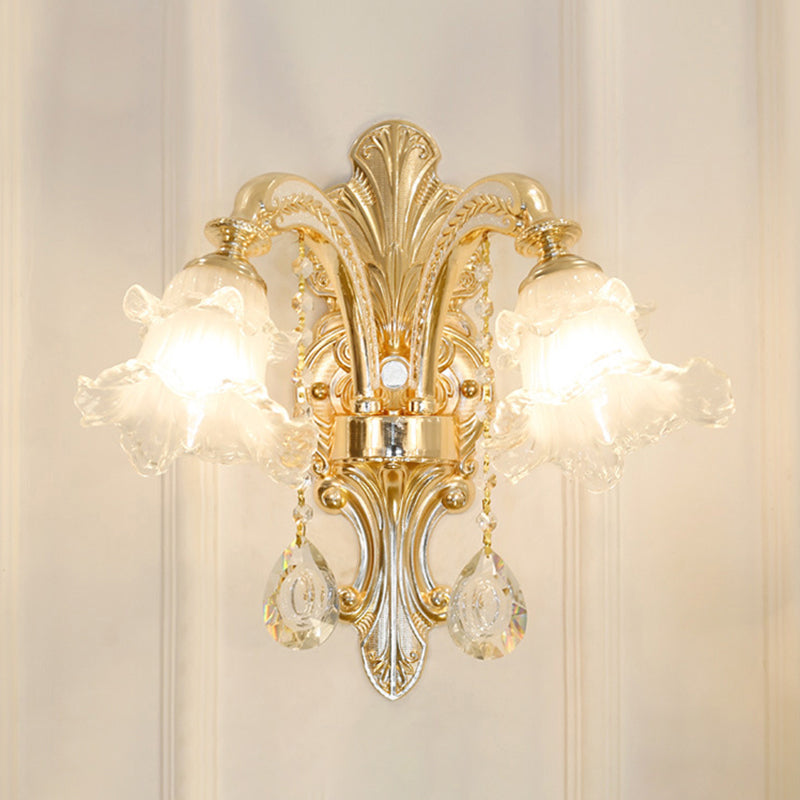 Gold Flared Chandelier With Crystal Accents - Classic Ruffle Glass Pendant Light For Living Room 2 /