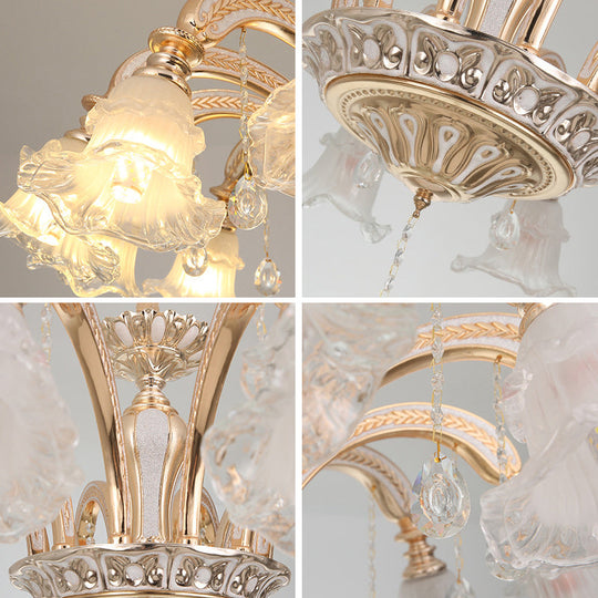 Gold Flared Chandelier With Crystal Accents - Classic Ruffle Glass Pendant Light For Living Room