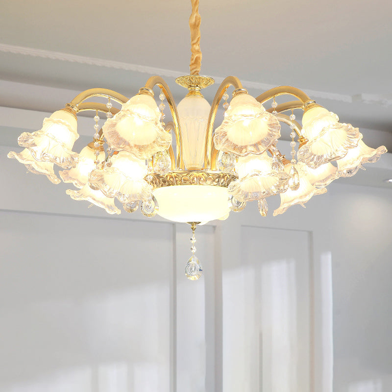 Traditional Glass Chandelier With Gold Floral Shade Ceiling Lighting And Crystal Draping For Living