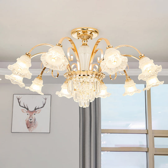 Retro Ruffled Bell Chandelier Light With Clear Textured Glass Pendant And Tiered Crystal Accent 10 /