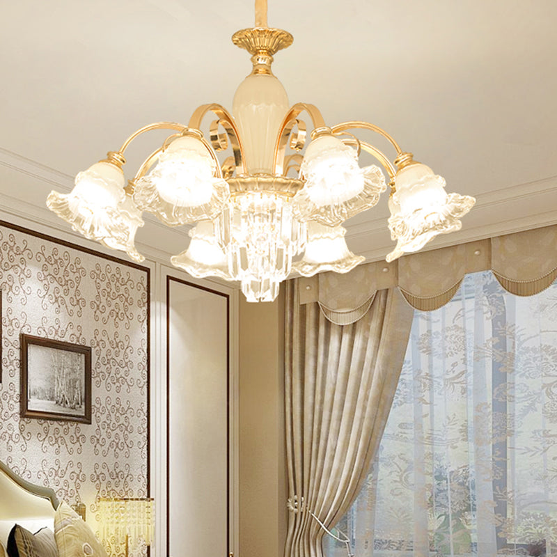 Retro Ruffled Bell Chandelier Light With Clear Textured Glass Pendant And Tiered Crystal Accent