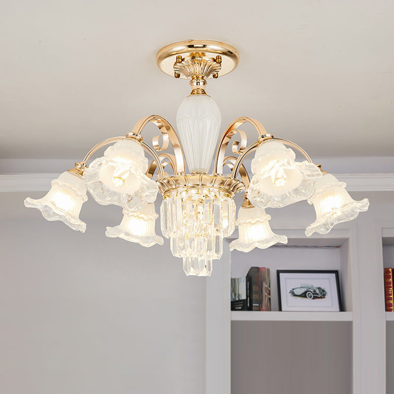 Retro Ruffled Bell Chandelier Light With Clear Textured Glass Pendant And Tiered Crystal Accent