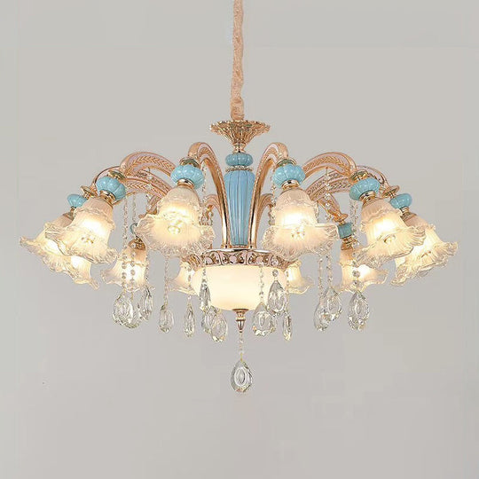 Vintage Textured Glass Blue Chandelier Pendant Light With Crystal Accent 12 /