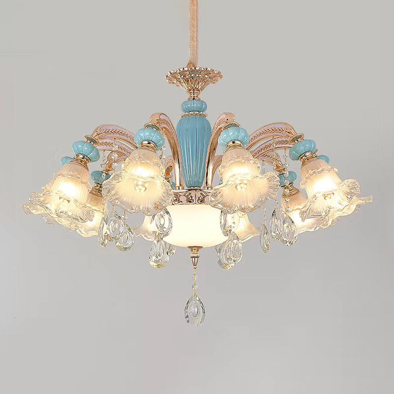 Vintage Textured Glass Blue Chandelier Pendant Light With Crystal Accent