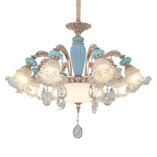Vintage Textured Glass Blue Chandelier Pendant Light With Crystal Accent