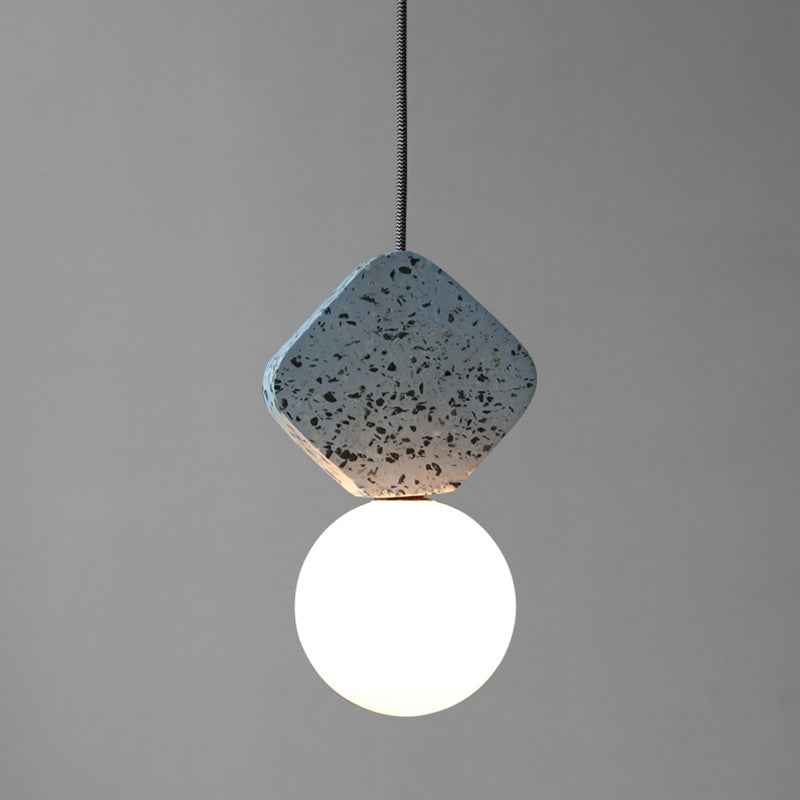 Minimalist Opal Glass Globe Pendant Light With Terrazzo Accent For Dining Room Ceiling Blue