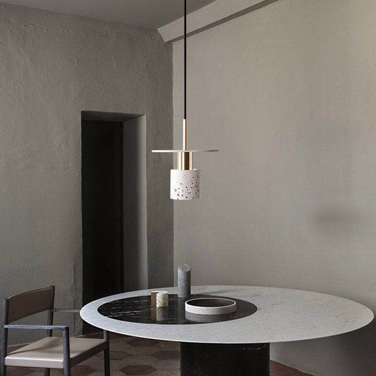 Nordic Style Terrazzo Pendant Light For Restaurants - Cylinder And Disc Suspension Fixture