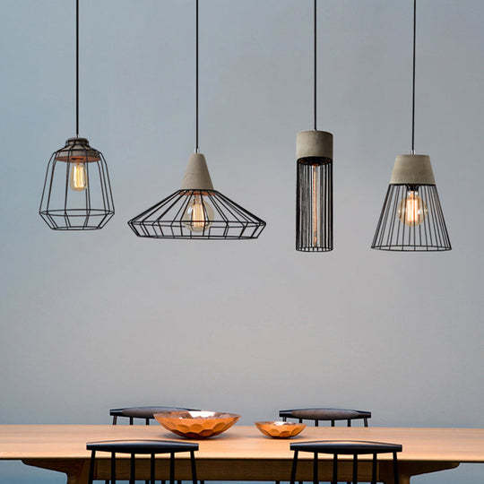 Metallic Minimalist Pendant Light: Caged Dining Room Suspension with Cement Top (Grey)