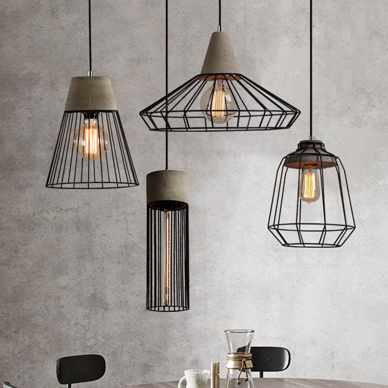 Metallic Minimalist Pendant Light: Caged Dining Room Suspension with Cement Top (Grey)