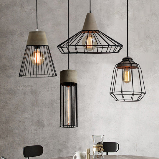 Minimalist Grey Pendant Light With Caged Metallic Suspension And Cement Top - Ideal For Dining Rooms