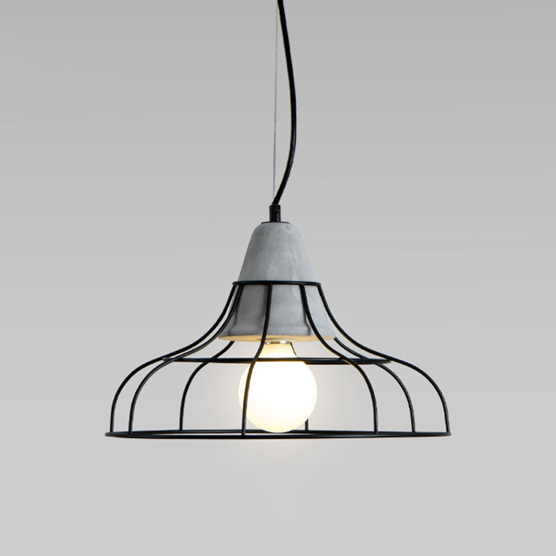 Minimalist Grey Pendant Light With Caged Metallic Suspension And Cement Top - Ideal For Dining Rooms