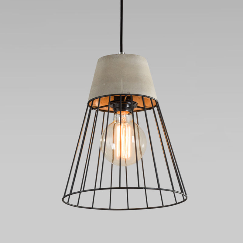 Minimalist Grey Pendant Light With Caged Metallic Suspension And Cement Top - Ideal For Dining Rooms