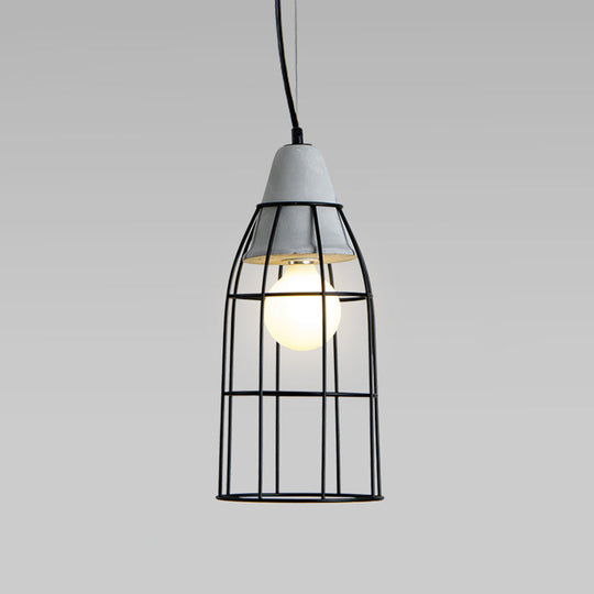 Metallic Minimalist Pendant Light: Caged Dining Room Suspension with Cement Top (Grey)