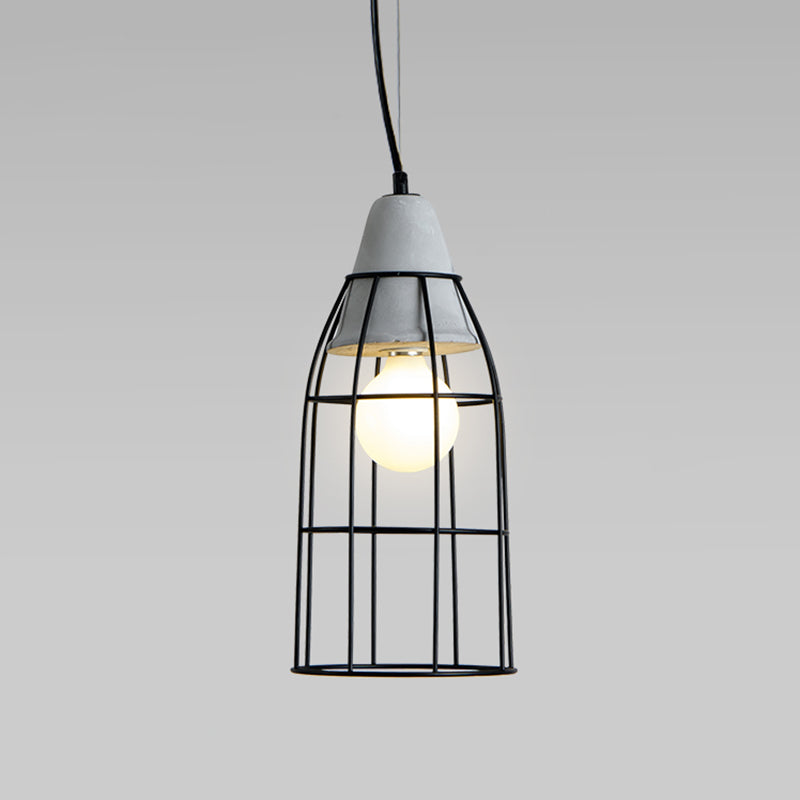 Minimalist Grey Pendant Light With Caged Metallic Suspension And Cement Top - Ideal For Dining Rooms