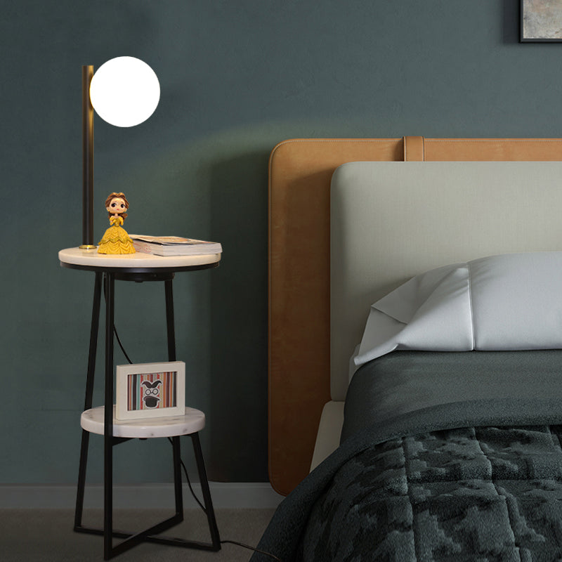 Opal Glass Sphere Floor Lamp With Marble Shelf - Elegant Black Standing Light For Living Room