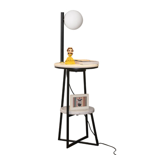 Opal Glass Sphere Floor Lamp With Marble Shelf - Elegant Black Standing Light For Living Room