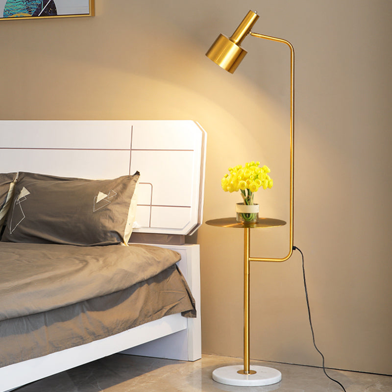 Modern Metallic Floor Lamp With Tray And Marble Base - Sleek Bedside Lighting Gold