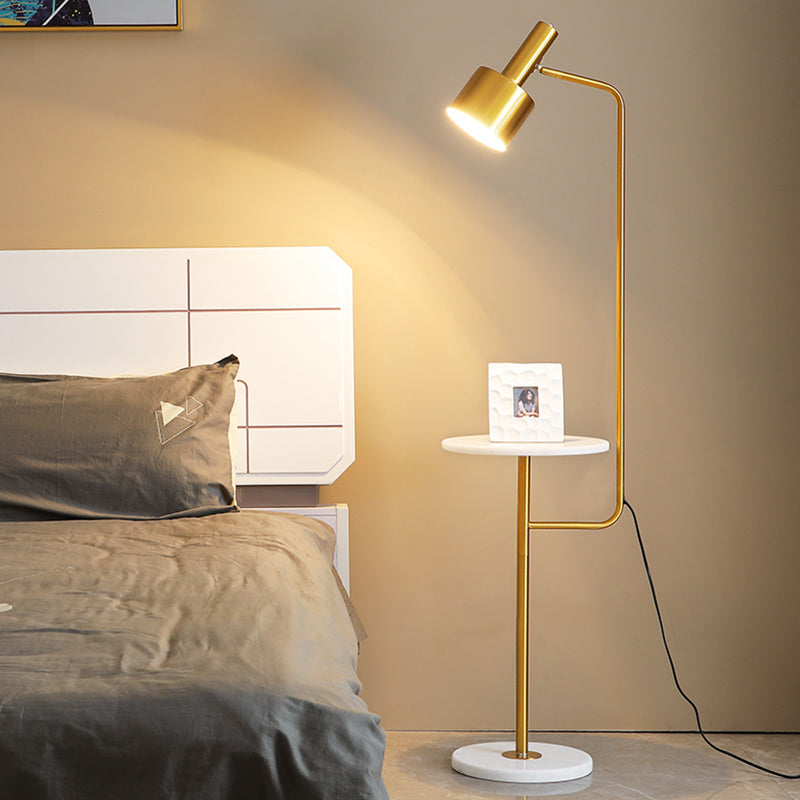 Modern Metallic Floor Lamp With Tray And Marble Base - Sleek Bedside Lighting White