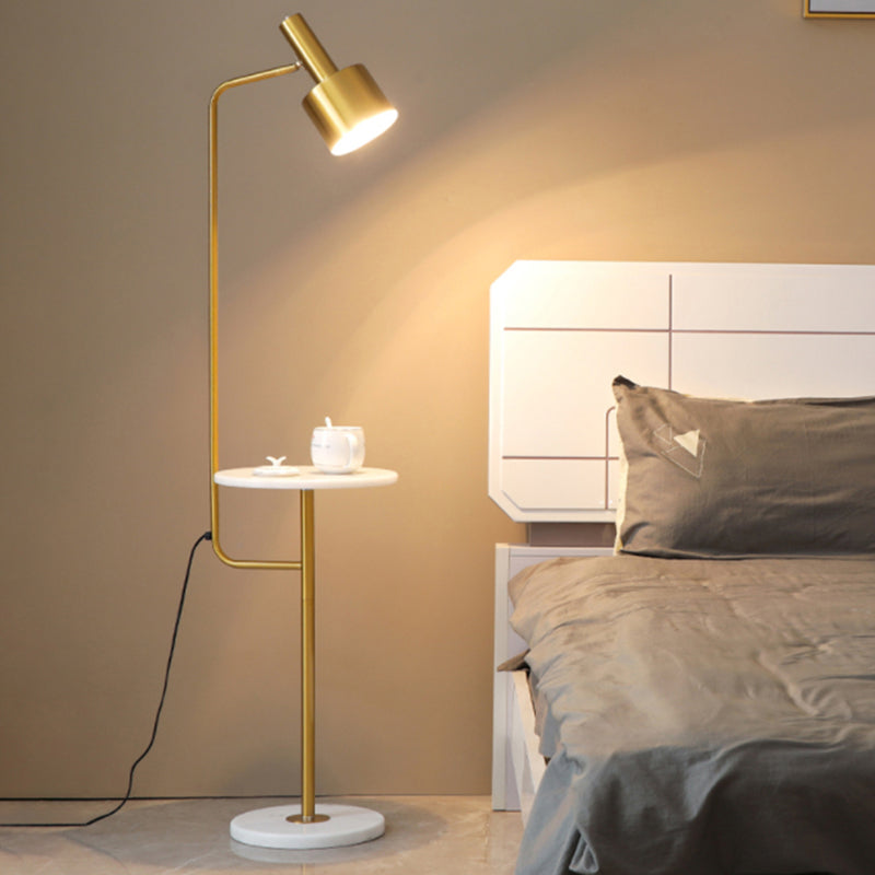 Modern Metallic Floor Lamp With Tray And Marble Base - Sleek Bedside Lighting