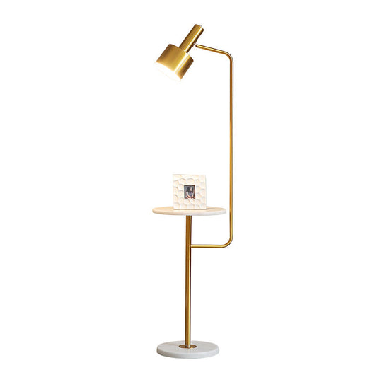 Modern Metallic Floor Lamp With Tray And Marble Base - Sleek Bedside Lighting