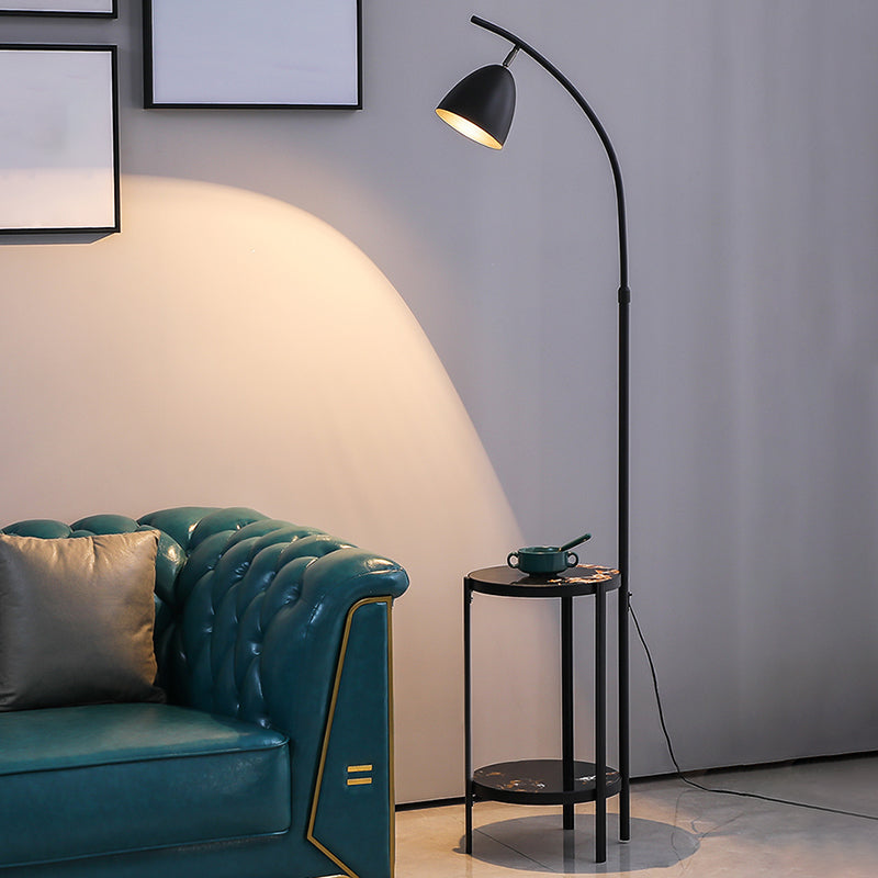 Metallic Single-Bulb Nordic Style Bedside Floor Lamp With 2-Tier Marble Shelf Black