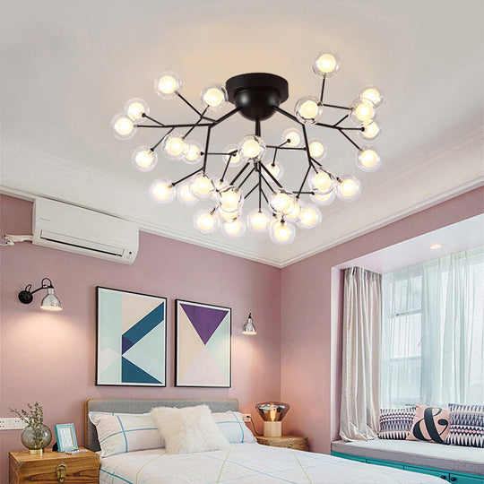 Modern Semi-Flush Led Chandelier For Bedroom With Metal Branches And Bubble Shade Black