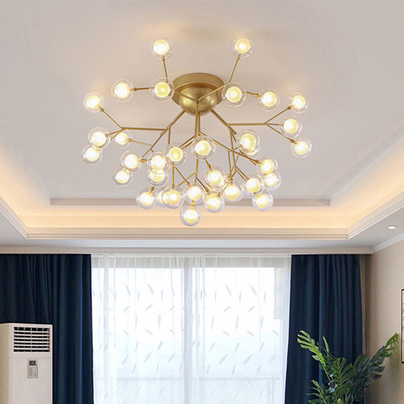 Modern Semi-Flush Led Chandelier For Bedroom With Metal Branches And Bubble Shade Gold