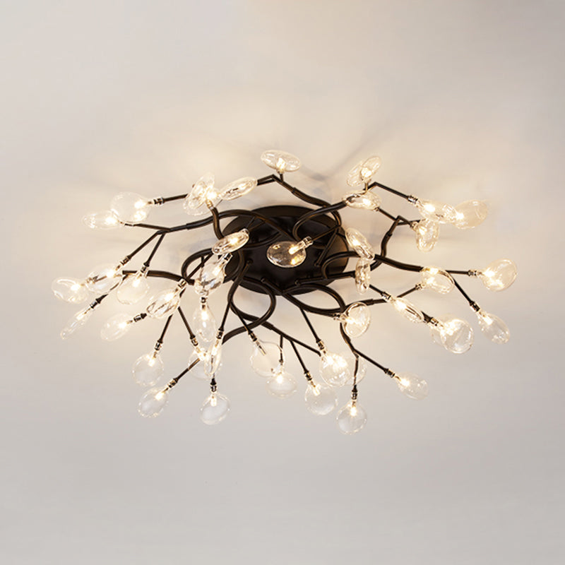 Led Tree Branch Semi Flush Chandelier Light For Living Room With Firefly Shade - Modern Metallic
