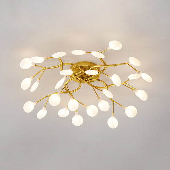 Led Tree Branch Semi Flush Chandelier Light For Living Room With Firefly Shade - Modern Metallic