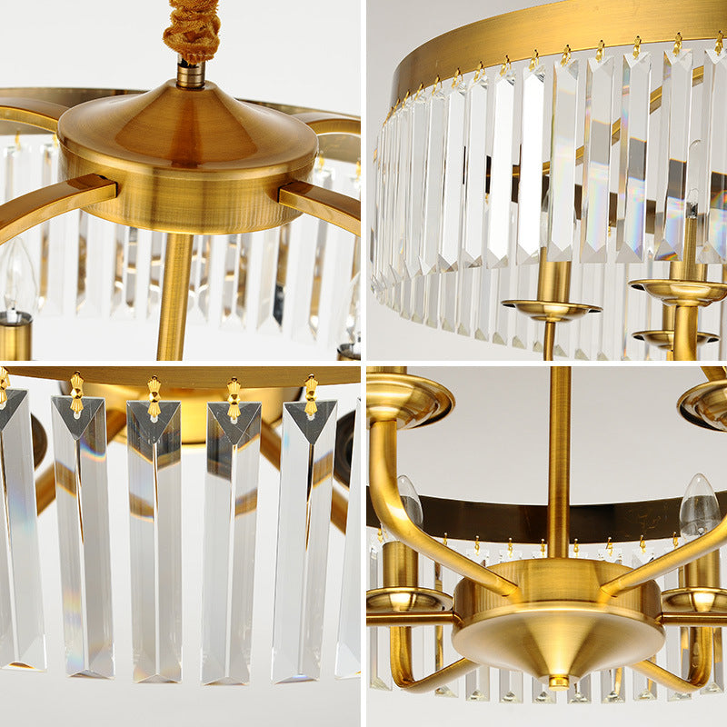 Modern Brass Chandelier Light With Crystal Block Shade - 8-Light Drum Pendant For Living Room