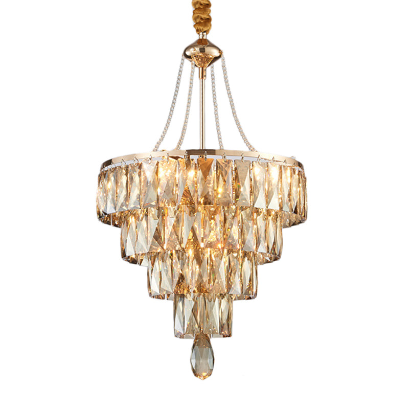 Modern Gold 4-Tier Crystal Block Chandelier With 6 Hanging Lights For Hallway