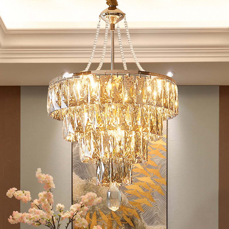 Modern Gold 4-Tier Crystal Block Chandelier With 6 Hanging Lights For Hallway